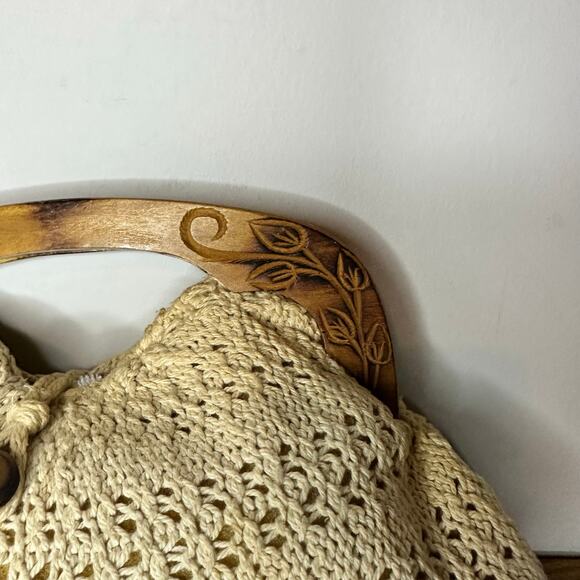 Handmade Wooden Handle Crochet Cream Handbag with a little discoloring - Picture 5 of 5